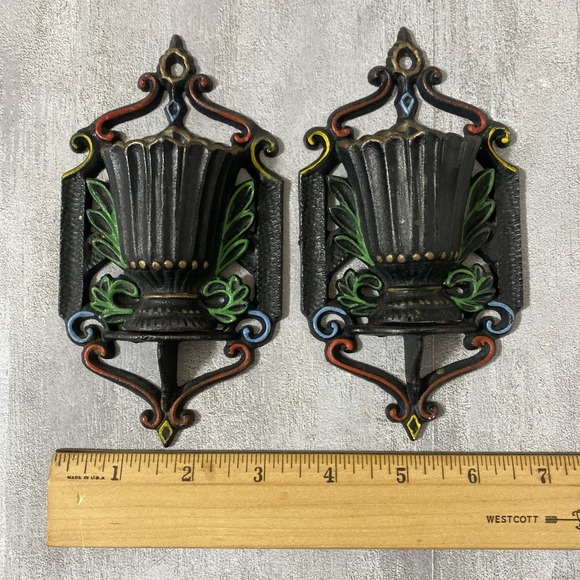 2 Vtg Wilton Cast Iron Match Stick Holder  Ornate Wall Mount Hand Painted Lot - Picture 3 of 6